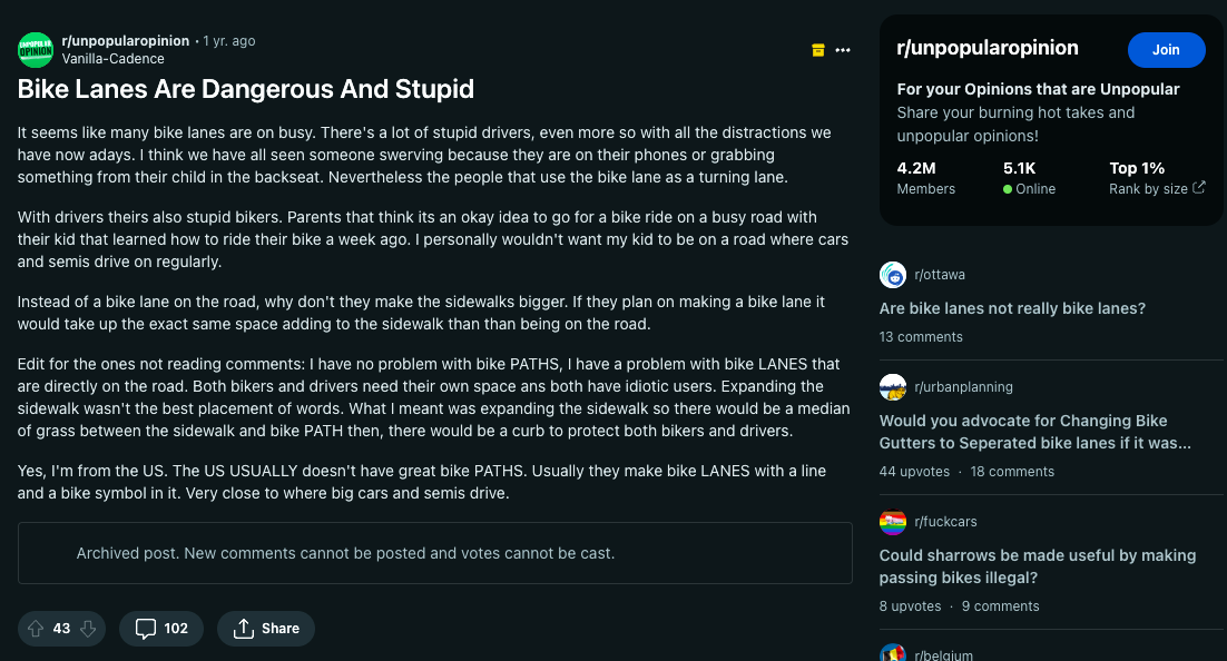 Reddit post about Bike lanes being dangerous