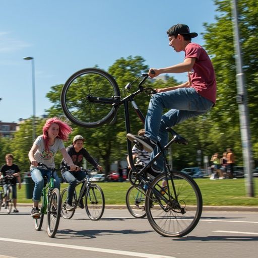 Group of teenagers on bikes with one young male doing a wheelie
